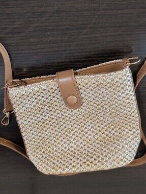 Tan Woven Crossbody Bag with Brown Trim